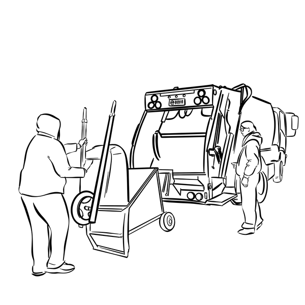 illustration of garbage truck picking up wheel barrow