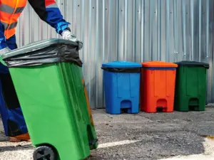 trash bins being collected by a sanitation worker